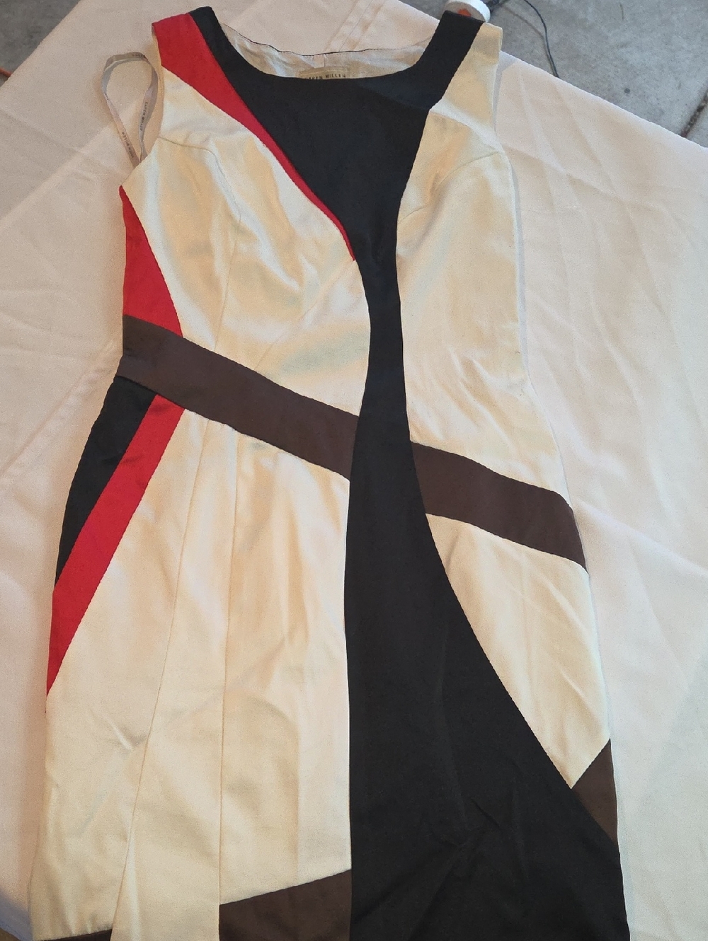 Karen Millen Cream, Black & Red Colorblock Midi Dress